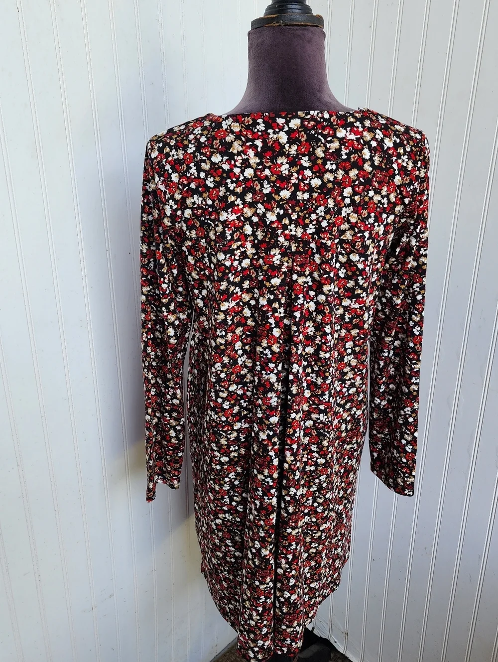 J Jill Wearever Black Red Floral V Neck Dress Stretch Long Sleeve Rayon Sz S